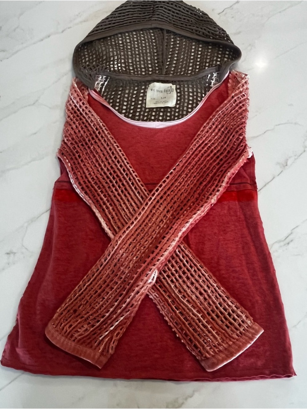 We The Free Rose-Red Open Weave Long Sleeve Top